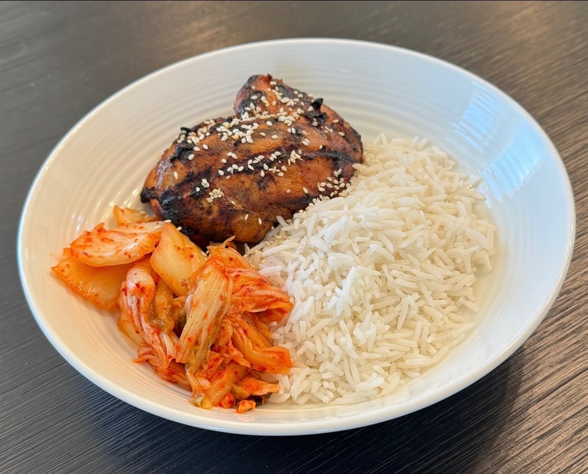 6oz Korean marinated Chicken thigh served with Basmati Rice and a side of Kimchi.